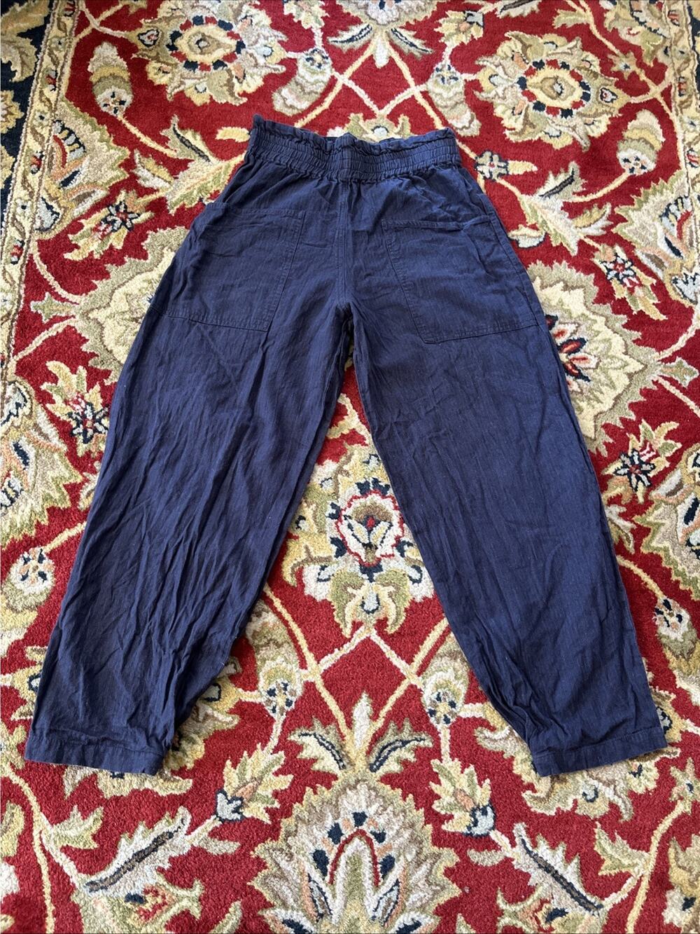 Pietsie S Pull On Pants Linen Cotton Blue Stripes Pockets Smocked Waist Palazzo